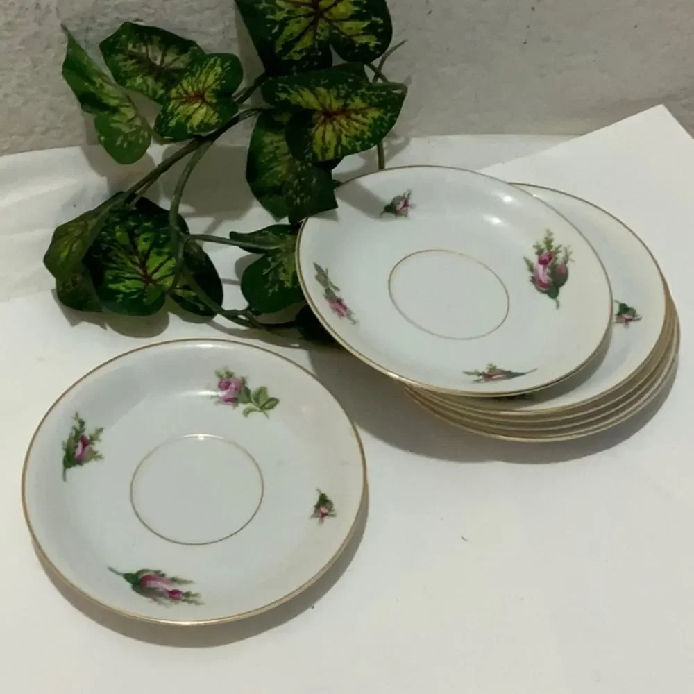 Set of 6 Vintage KYOTO China ROSEVERTE 7312 Saucers Pink Roses Gold Japan K1